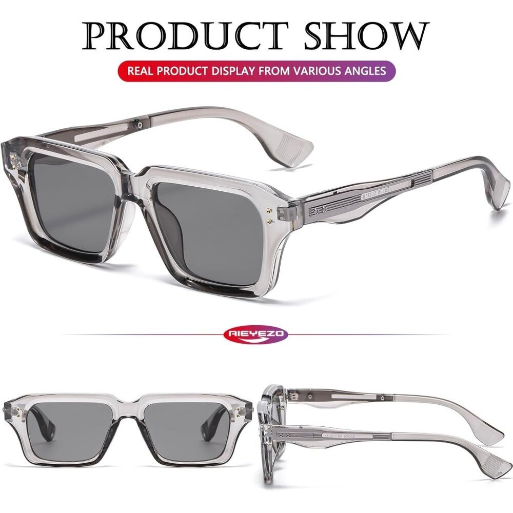 Retro Rectangle Clear Grey Sunglasses Men Women Fashion Square Frame Shades - Picture 4 of 6